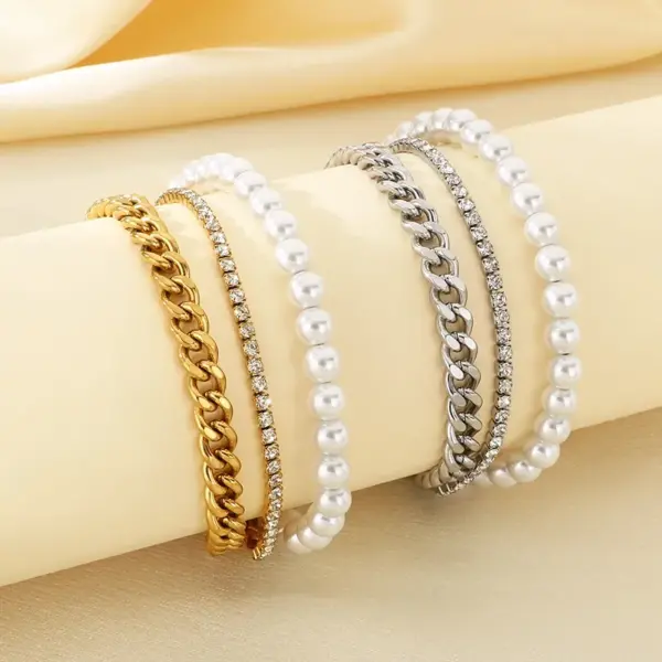 Wholesale 18K Gold Plated Fashion 304 Stainless Steel Layered Zircon Chain Shell Bead Bracelet For Women Unisex Style OT Clasp Jewelry