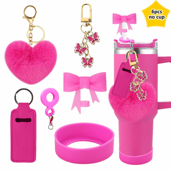 oly-47f2704b45bd9110ff02a28e1dc1bfbe Wholesale Stanley Valentine's Day Love Hair Ball Pendant Silicone Cup Cover Bow Straw Plug Couple Heart-shaped Keychain