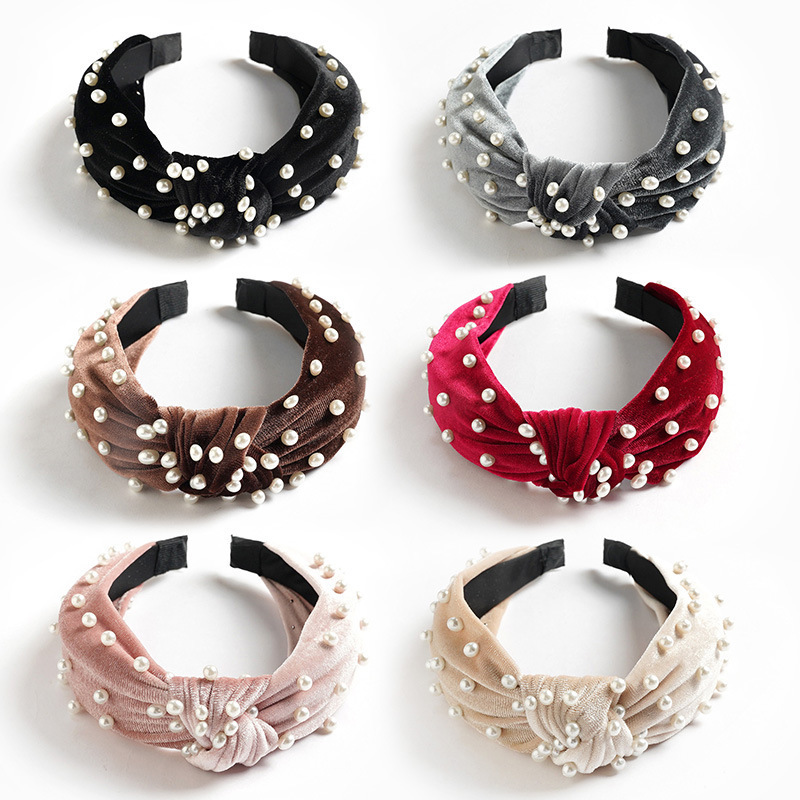 Wholesale European and American Fashion Gold Velvet Fabric Beaded Knot Headband Headband Amazon Cross-border Trend All-match Headwear Hair Accessories
