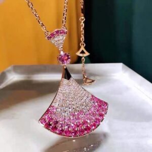 Wholesale Electroplated copper natural red corundum full diamond mini dress necklace with blue spinel fan-shaped clavicle chain
