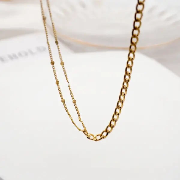 Wholesale Ferroalloy Solid Color Vacuum Plating Real Gold Plated Simple Style Waterproof Non Tarnish Patchwork Cuban Link Chain Gold Necklace