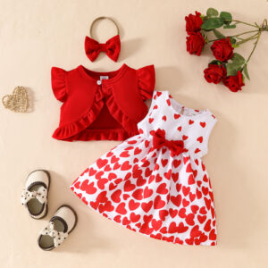 Wholesale 2025 Infant Baby Girl Sleeveless Ruffle Short Jacket Sleeveless Love Dress Hairband Summer Jumpsuit Set
