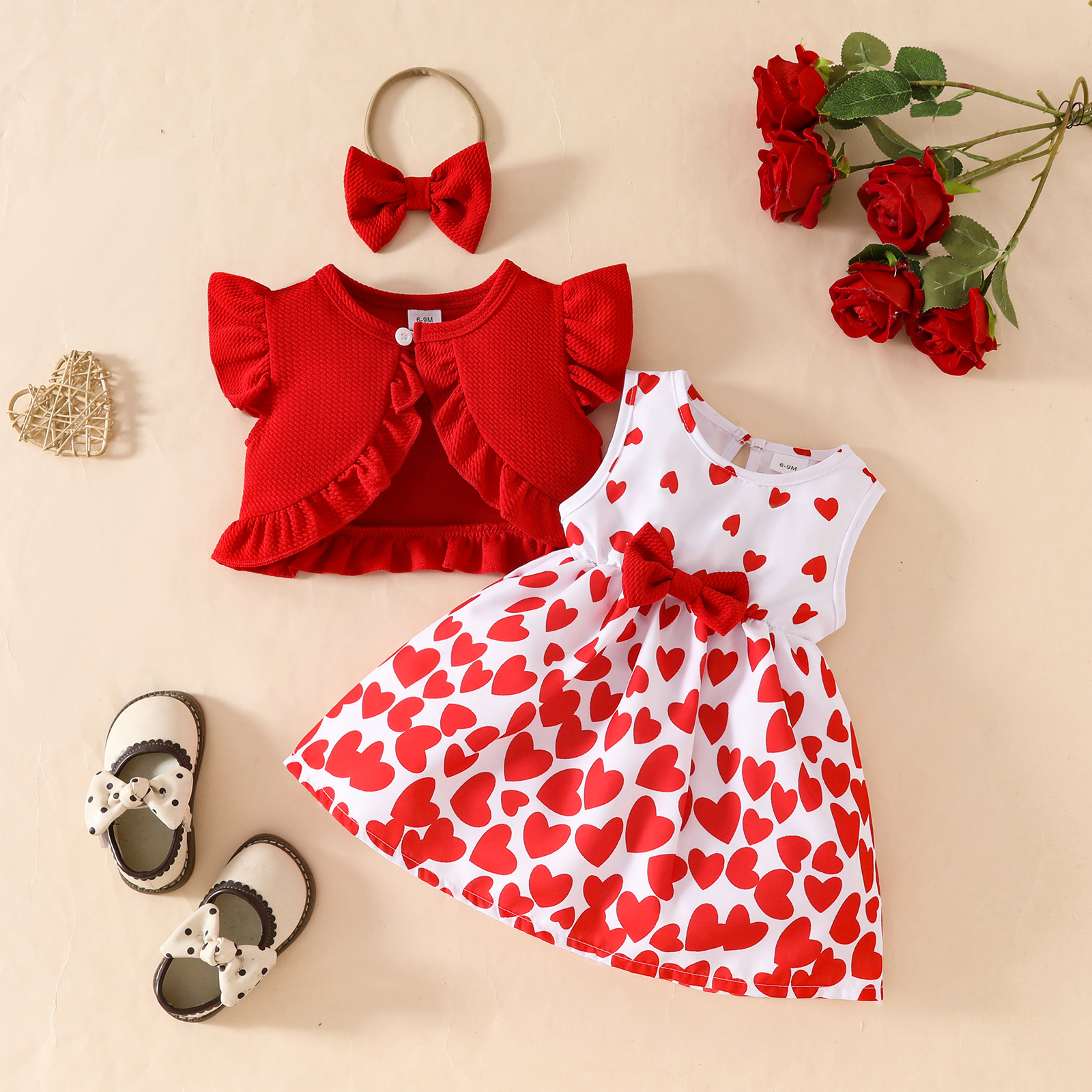 Wholesale 2025 Infant Baby Girl Sleeveless Ruffle Short Jacket Sleeveless Love Dress Hairband Summer Jumpsuit Set