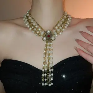 Wholesale Layered Tassel Pearl Necklace For Women With Imitation Pearl And Rhinestone Inlay, Alloy Pendant