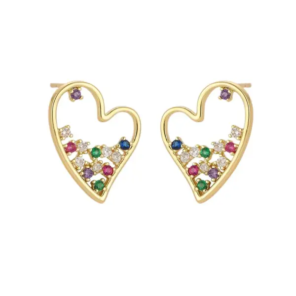 Wholesale Fashionable Miniature Sweet Fresh Women's Micro-Set Color Zircon Ear Studs Hollow Heart Shaped Earrings Cute Style Copper Material