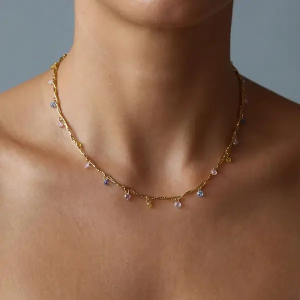 Wholesale French Line Wrapped Colorful Zircon Heart-Shaped Mixed Color 18K Gold Plated 304 Stainless Steel Vacuum Electroplated Necklace For Women Clavicle Chain Snake Chain