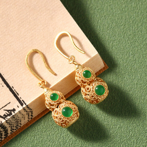 Wholesale [Ancient method plating 24k gold] craft National style earrings hollow gourd chalcedony design retro earrings