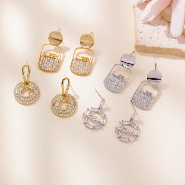 Wholesale Summer Refreshing Diamond-Embedded Easy-Pull Can Letter Plated 14K Real Gold Copper Geometric Pattern Earrings Light Luxury High-End Niche Temperament Stud Earrings