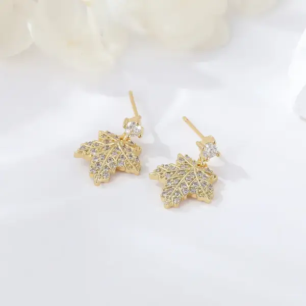 Wholesale Maple Leaf Stud Earrings For Women With 925 Sterling Silver Posts, Copper Base, 14K Real Gold Plated And Zircon Inlay