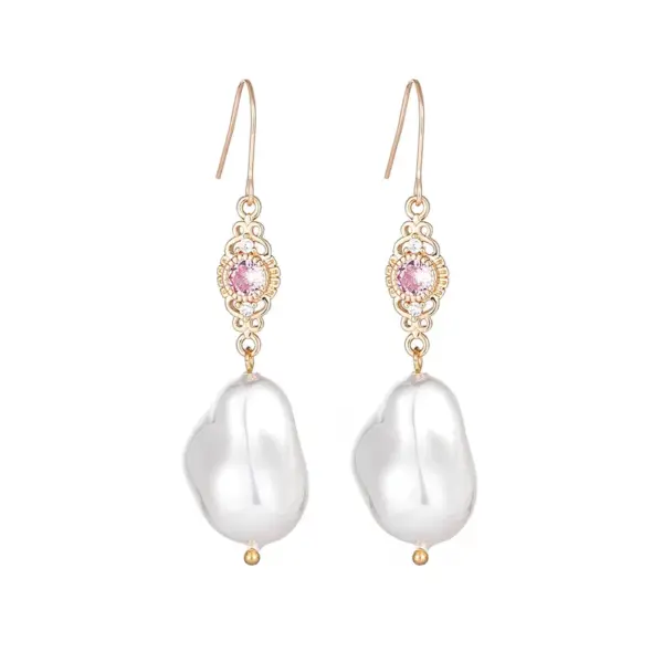 Wholesale Original Design Baroque Pearl Earrings Irregular Shape Ladies Jewelry Pink Zircon Stone Unusual Form Women's Elegant Classic Shiny Polished Ear Hooks