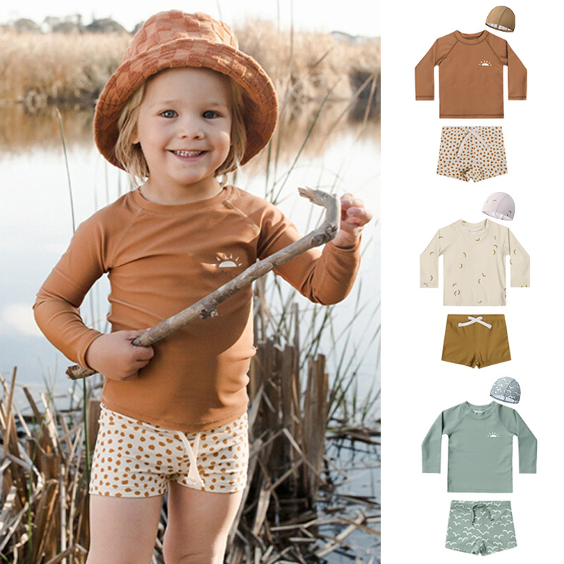 Wholesale Boys Long-Sleeved Split Swimsuit 2025 European and American Style Summer New Boy Baby Swimming Hot Spring Beach Suit