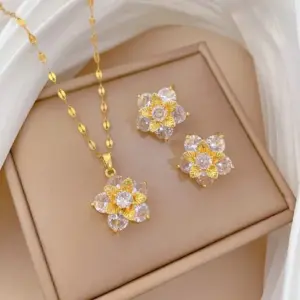 Wholesale 201 Stainless Steel Copper Flower Zircon Elegant Simple Style Inlay Coffee Bean Chain Jewelry Set