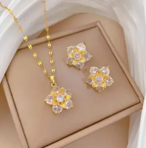 Wholesale 201 Stainless Steel Copper Flower Zircon Elegant Simple Style Inlay Coffee Bean Chain Jewelry Set