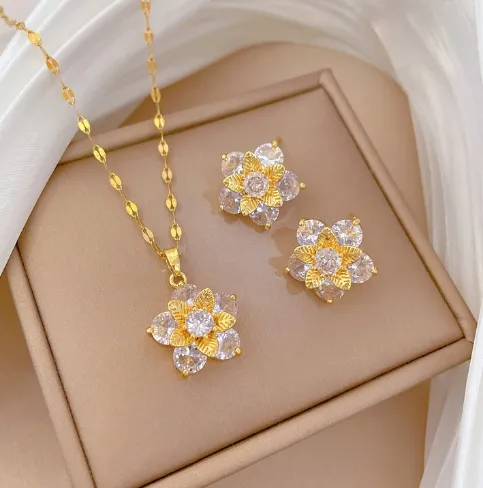 Wholesale 201 Stainless Steel Copper Flower Zircon Elegant Simple Style Inlay Coffee Bean Chain Jewelry Set
