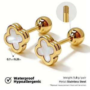 18k gold + four-leaf clover white mother-of-pearl stainless steel screw earrings (priced by pair, 12 pairs per pack) / [full body stainless steel material] [mirror polished furnace vacuum plating] [waterproof and non-fading]