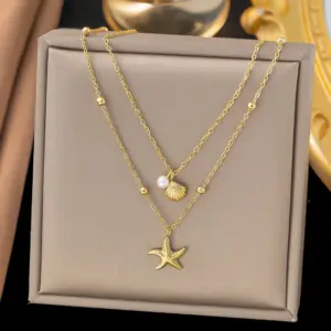 43 [Ah1057] Double-Layer Starfish Shell Necklace / Gold