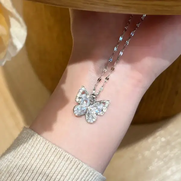 Wholesale Butterfly Necklace For Women With Claw Setting, 304 Stainless Steel, Golden Plated Water Plating, Zircon Inlay, Cable Chain