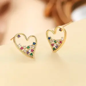 Wholesale Fashionable Miniature Sweet Fresh Women's Micro-Set Color Zircon Ear Studs Hollow Heart Shaped Earrings Cute Style Copper Material