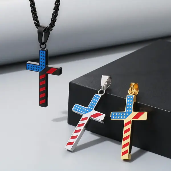 Wholesale 1 Piece 33*20mm 600*3mm 304 Stainless Steel 18K Gold Plated Cross American Flag Pendant Chain