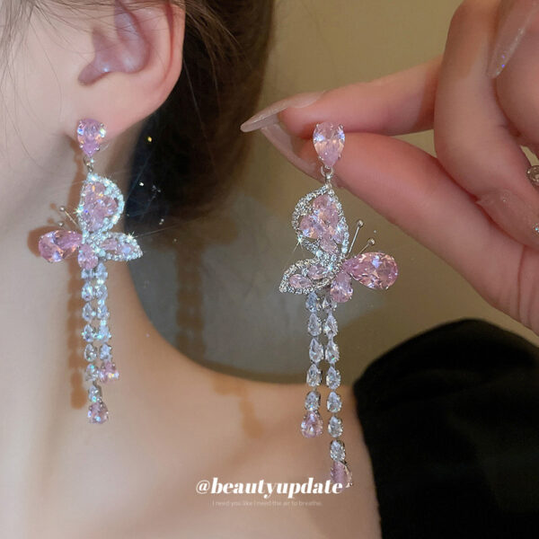 oly-4ac16780841d5a7512c03bd852da31c1 Wholesale Silver Needle Zircon Pink Butterfly Water Drop Long Tassel Earrings Forest Style Fashionable Elegant Earrings Sweet Accessible Luxury Earrings