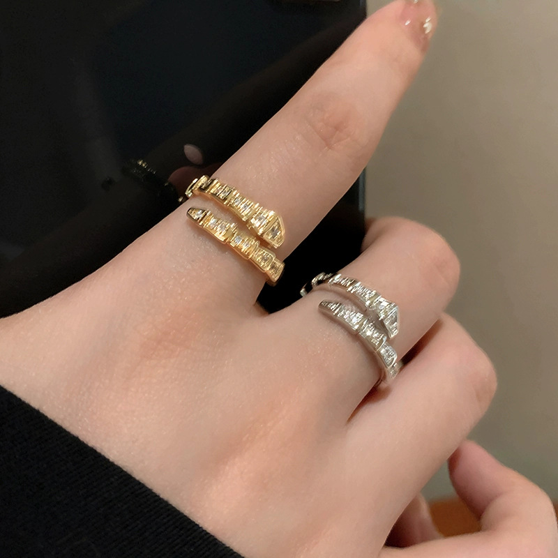 Wholesale Flash Diamond Spirit Snake-Shaped Ring Women's Ins Light Luxury Niche silver Open Finger Ring High-grade Texture Simple All-match Trendy Coo