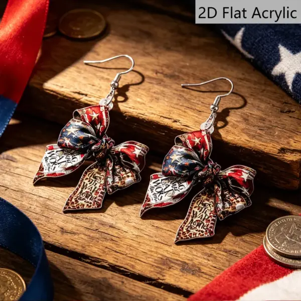 oly-4b4e4dfd555ea98b03cfb2b2f734ae89 Wholesale Retro White & Red Bow Tie Print Drop Earrings For Women With 304 Stainless Steel Ear Pins