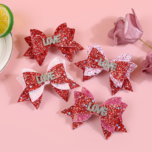 Wholesale Valentine's Day Party Bow Hairpin Children's Scallion Powder Glitter Bow Hairpin Hair Accessories