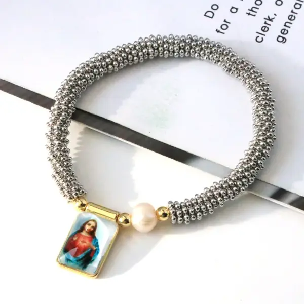 Wholesale Women’s Cross Pearl Bracelet With Beaded Chain, Copper Base, 18K Real Gold Plated And PVD Coated Finish