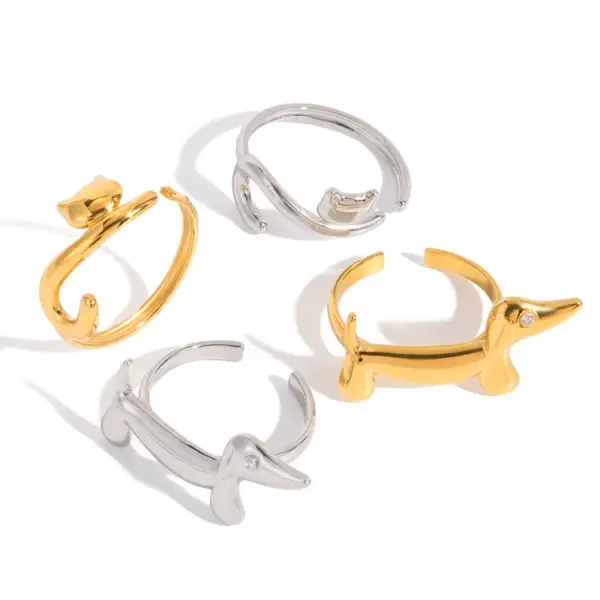 Wholesale Ladies Adjustable Open Ring Minimalist Style 18K Gold Stainless Steel Geometric Cat And Dog Design With Diamond Lines Sausage Dog