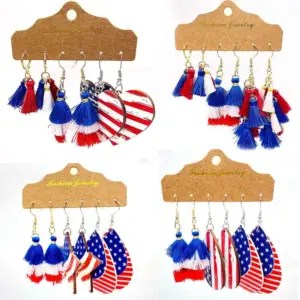 Wholesale New Independence Day Earrings Suit Red White Blue Tassel Earrings American Flag Printed Wooden Earrings