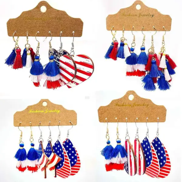 Wholesale New Independence Day Earrings Suit Red White Blue Tassel Earrings American Flag Printed Wooden Earrings