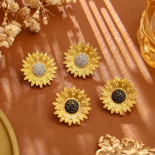 Wholesale Sunflower Stud Earrings For Women In Dyed Black Copper With Real Gold Plated Finish
