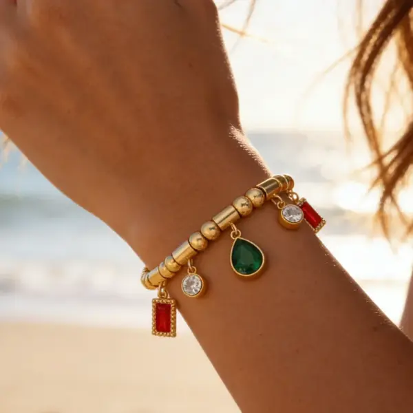 Wholesale Square Waterproof Couple Bracelets 304 Stainless Steel 18K Gold Plated Zircon Inlay Snake Chain
