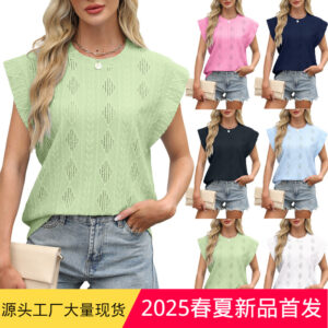 Wholesale spring and summer round neck loose short sleeve T-shirt jacquard jacket vest women