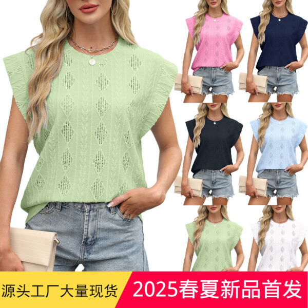Wholesale spring and summer round neck loose short sleeve T-shirt jacquard jacket vest women