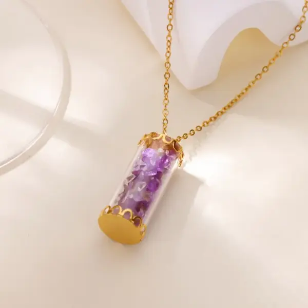 oly-4cc1ed1832b6d47d03fa93c2baecc445 Wholesale 2pcs/set Random Quantity Purple Natural Small Stone Jewelry Set 18K Gold Plated Stainless Steel Necklace Bracelet Lucky Bottle Shape Personality Simple Unisex Two-piece Jewelry Set Accessories Wholesale Christmas Birthday Gift Choice
