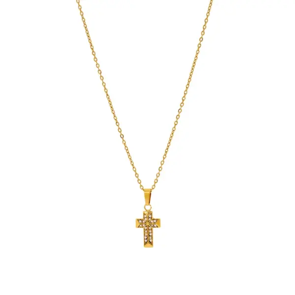Wholesale Women’s Cross Pendant Necklace With Machine Inlaid Rhinestones, 18K Real Gold Plated 304 Stainless Steel, PVD Coated Cable Chain