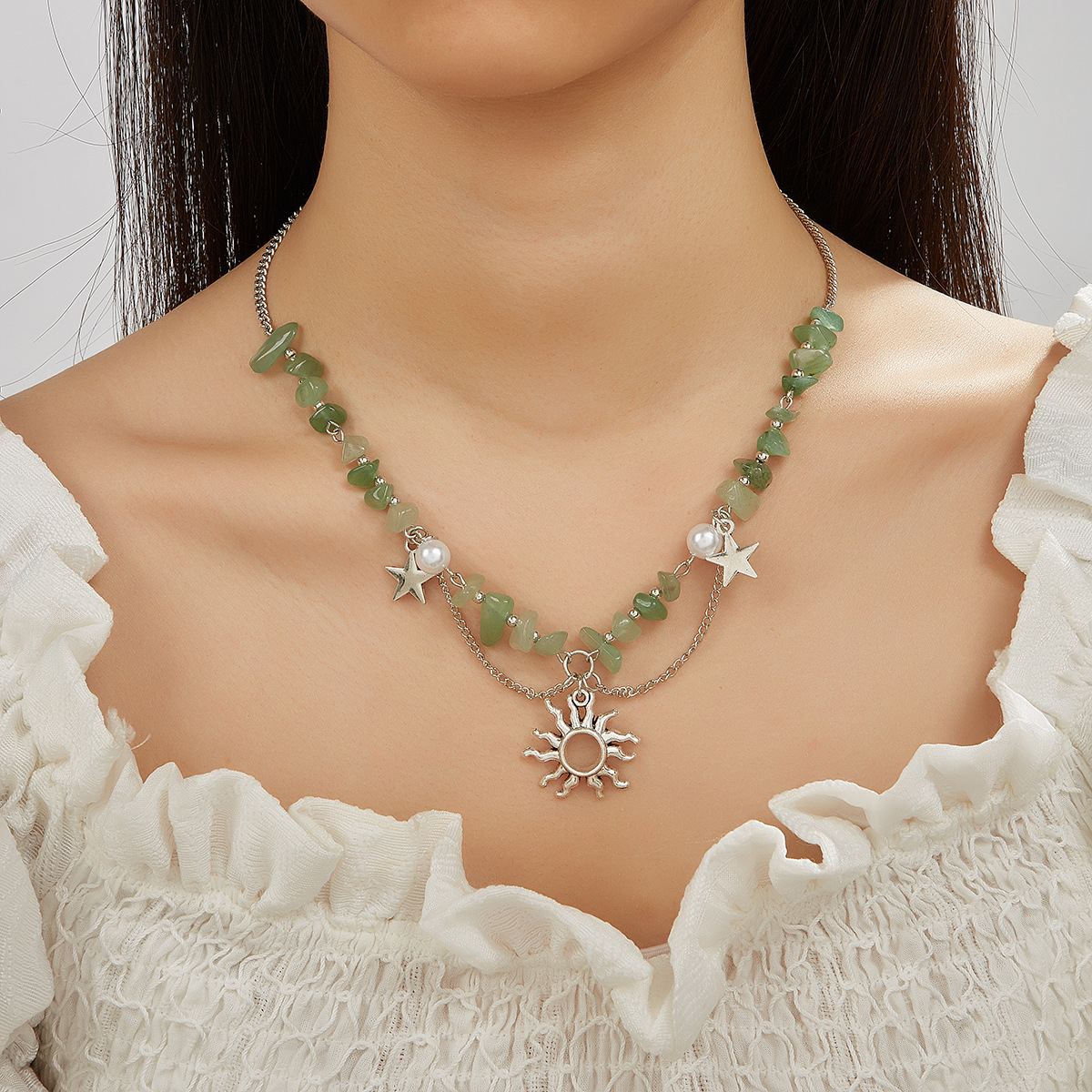 Wholesale European and American Cross-border Niche Design Beaded Tassel Sun Star Necklace Colorful Irregular Gravel Collarbone Necklace