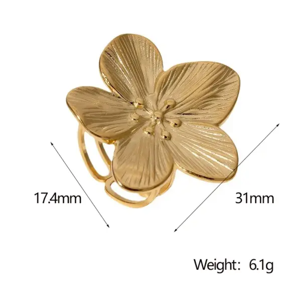 Wholesale 304 Stainless Steel Flower PVD Coated Stone-Free Real Gold Plated Elegant Vintage Style Waterproof Non Tarnish Open Rings