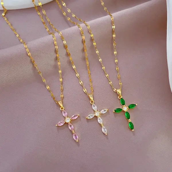 Wholesale Real Gold Plated 304 Stainless Steel PVD Coated Zircon Cross Waterproof Non Tarnish Simple Style Coffee Bean Chain Pendant Necklace For Unisex
