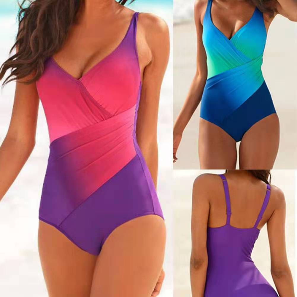 Wholesale Cross-Border New European and American Swimwear Bikini Rainbow Gradient Color Fat Woman Plus Size Fat Woman One-Piece Swimsuit Bikini