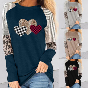 Wholesale 2024 spring new European and American women's clothing Valentine's Day new long sleeve stitching hot sale casual T-shirt round neck loose top