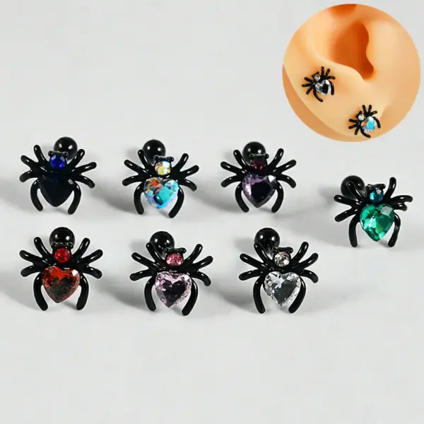 Wholesale 1 Piece Lip Rings Hip-Hop Hawaiian Tropical Heart Shape Spider 304 Stainless Steel Polishing Inlay Zircon 18K Gold Plated Lip Rings Ear Cartilage Rings & Studs Nose Rings & Studs