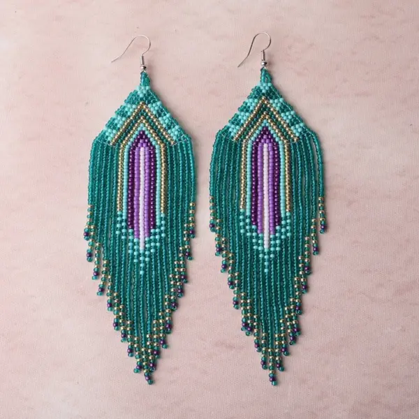 Wholesale Long Bohemian Tassel Geometric Gradient Rice Bead Earrings Women Handmade Glass Beads Dangle Earrings Floral Print Style