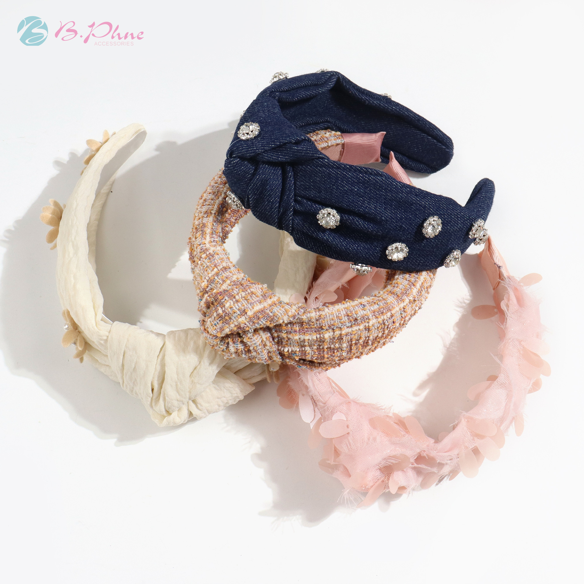Wholesale Beifei European and American cross-border new fashion retro Denim fabric headband personalized knotted high Skull top diamond headband