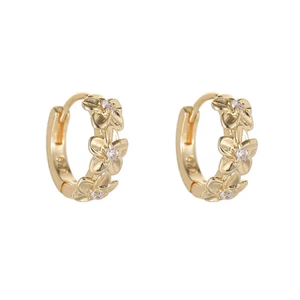 Wholesale Flowers Stud Earrings For Women With Copper Posts, Electroplated And 14K Real Gold Plated Featuring Zircon Inlay