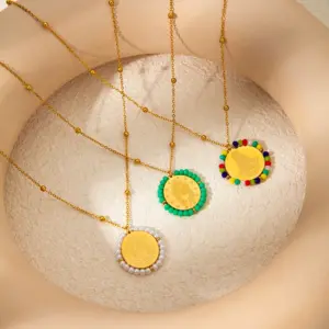 Wholesale PVD Coated 14K Gold Real Gold Plated Round Oval 304 Stainless Steel Vacation Waterproof Non Tarnish 304 Stainless Steel Pendant Necklace
