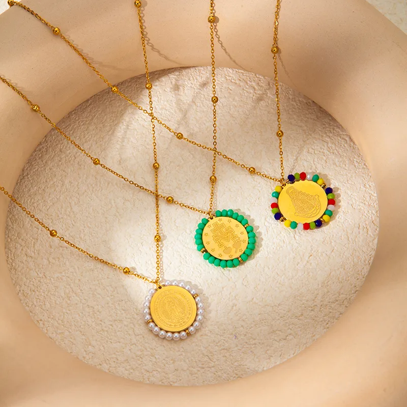 Wholesale PVD Coated 14K Gold Real Gold Plated Round Oval 304 Stainless Steel Vacation Waterproof Non Tarnish 304 Stainless Steel Pendant Necklace