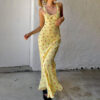 Wholesale Summer French Floral Print Suspender Dress, Sweet and Fresh Beach Dress, Long Fishtail Skirt, Milk Silk