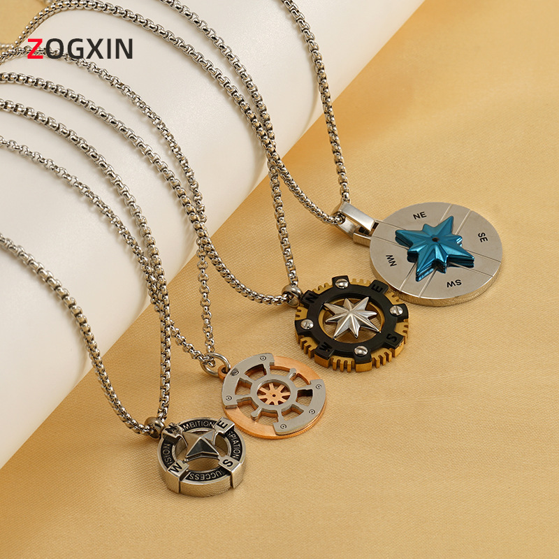 Wholesale Cross-border European and American Titanium Steel Round Hollow Compass Compass Necklace Men's Personality Retro Eight Mans Star Pendant Jewe